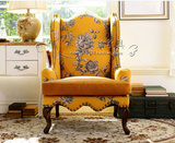 美式布艺单人沙发椅 新古典实木高背老虎椅 欧式别墅家具皮艺坐垫