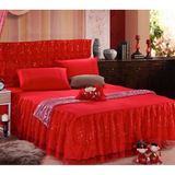 韩版蕾丝1.8米席梦思床罩单件夏婚庆大红防滑床垫保护套1.5M 床裙