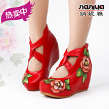纳妮雅民族风女鞋中国鞋 女士绣花鞋坡跟单鞋真皮花朵高跟鞋子红