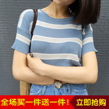 2016韩国夏装新款百搭小清新条纹圆领宽松短袖针织短袖t恤衫
