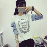 蘑菇街春装2016新款韩版大码宽松印花字母拼接圆领长袖T恤女 学生