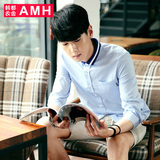 AMH男装七分袖衬衫韩版修身尖领拼接秋装新款男士蓝色七分袖衬衣