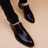 夏季新款潮流韩版时尚尖头皮鞋男士透气英伦休闲商务真皮鞋黑增高