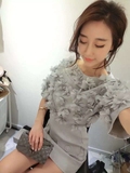 MR2016夏季新款女装韩国代购韩版立体花朵超短款短袖雪纺衫女上衣