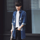 韩版透明口袋青年春季男装中长款潮牌牛仔风衣外套帅气英伦大衣男