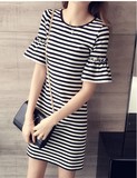 2016新款女版韩版圆领宽松喇叭袖显瘦夏天短袖黑白条纹连衣裙
