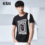 GXG男装夏季新品 男士时尚休闲黑色修身圆领印花短袖T恤#52244470
