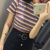 夏季韩国ulzzang复古彩虹色细横条纹显瘦短款修身短袖t恤女上衣潮