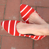 韩版内增高布鞋女夏坡跟平底红色条纹浅口尖头单鞋一脚蹬懒人鞋