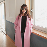 2015秋冬新款韩版粉色茧型毛呢外套女中长款廓形宽松加厚呢子大衣