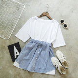 韩国夏季海军风条纹拼接衬衫系带假两件连衣裙短袖女收腰T恤衫潮