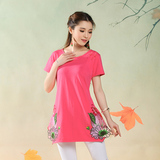 中国风复古时尚女装 夏季中长款T恤 气质甜美宽松大码刺绣花 短袖