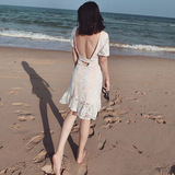 丝静夏装性感包臀漏背沙滩裙短裙 海边度假蕾丝短袖中长款连衣裙