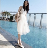 代购ZARA2016夏季韩版新款雪纺无袖连衣裙女显瘦纯色中长款沙滩裙