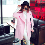 韩国2015秋冬新款女装茧型毛呢外套宽松中长款粉色双面呢子大衣女