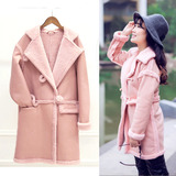 韩版羊羔毛鹿皮绒女中长款茧型粉色外套两面穿保暖修身冬装棉服女