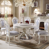 欧式圆形餐桌椅组合 新古典实木雕花美式餐桌橡木圆桌整装白色