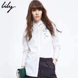 Lily2016春新款女装简约欧美通勤直筒纯色绣花衬衫116130C4602