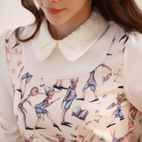 雪纺衫长袖女2016秋季新款韩版打底衫娃娃领有印花拼接泡泡袖上衣