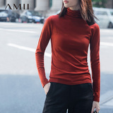Amii[极简主义]2015秋装冬春高领套头毛衣女纯色修身打底针织线衫