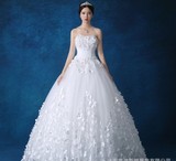 促销 时尚花朵韩版齐地婚纱公主抹胸婚纱拖尾白色新娘婚纱礼服