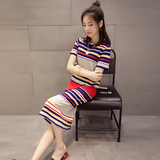 2016夏季韩版针织条纹短袖连衣裙女士中长款修身包臀显瘦长裙子潮