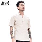 意树2016夏季中国风男装亚麻T恤男士棉麻上衣休闲纯色立领短袖T恤
