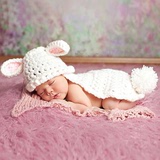定制 圣玛斯 新生儿宝宝毛线帽 尾巴满月照道具兔子耳朵 帽子