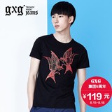 gxg jeans男装夏新款时尚潮男黑色印花休闲圆领短袖T恤#62944021