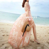 夏波西米亚粉色印花真丝雪纺露肩性感开叉海边度假连衣裙沙滩长裙