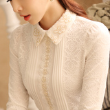 蕾丝打底衫女长袖翻领2016春装新款韩版女装修身白色衬衫女士上衣