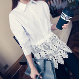 2016春装新款韩版中长款翻领蕾丝拼接蝙蝠袖收腰打底长袖衬衫