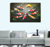 纯手绘油画九条鲤鱼客厅玄关装饰画现代挂画壁画九鱼图年年有余