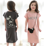 亲子装母女装2016春夏新韩版女童粉色米奇短袖T恤儿童长款连衣裙