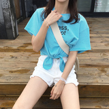 ifashion2016夏装短款T恤女夏韩版字母可爱宽松打结潮流打底短袖