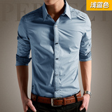 春季薄款男士衬衫男长袖修身款 韩版休闲青年纯色潮流短袖男衬衣