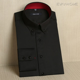 艾梵之家丝光棉衬衫男长袖韩版修身款型商务纯黑色钻扣领衬衣