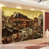 大型中式古代山水建筑壁画客厅书房壁纸休闲室书室风景背景墙墙纸