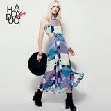 Haoduoyi2016夏新款 欧美时尚波普印花雪纺裙 性感露背系带连衣裙