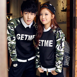 秋季情侣套装韩版迷彩拼接字母印花加绒加厚卫衣长袖T恤学生班服