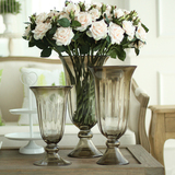 玻璃花瓶条纹灰色透明高脚美式欧式复古婚庆装饰家居花器客厅