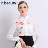 r．beauty夏季女装新品时尚红唇印花大码长袖雪纺白衬衫r16B8290