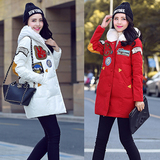 2015新款女冬装贴布加厚兔毛连帽中款羽绒服韩版休闲学生羽绒外套