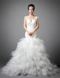 新款2014韩式蕾丝双肩带 绑带鱼尾齐地长拖尾新娘冬季婚纱礼服