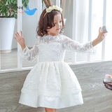 凯斯曼可韩国女童秋季新款白色长袖生日公主裙 欧美婚纱花童礼服