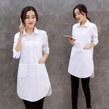 2016韩版春夏女装蕾丝拼接翻领纯色长袖修身衬衫中长款衫衣