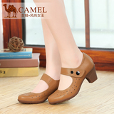 Camel骆驼女鞋 舒适圆头粗跟镂空头层水染牛皮腕带魔术贴低帮单鞋