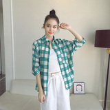 夏季新款韩版女装气质格子纹宽松七分袖开衫翻领蝙蝠袖衬衫+D37