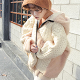 韩国代购秋冬装新款羊羔绒毛绒绒拼接加厚针织麻花毛衣拉链外套女