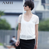 Amii[极简主义]2016春夏装外套修身纯色开衫V领短袖薄款针织衫女